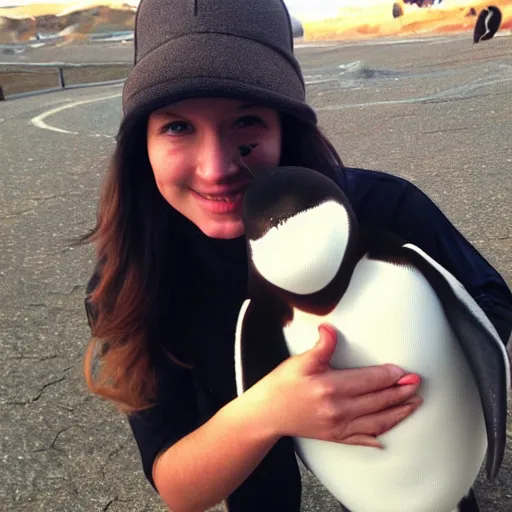 Image similar to selfie of me and my penguin best friend