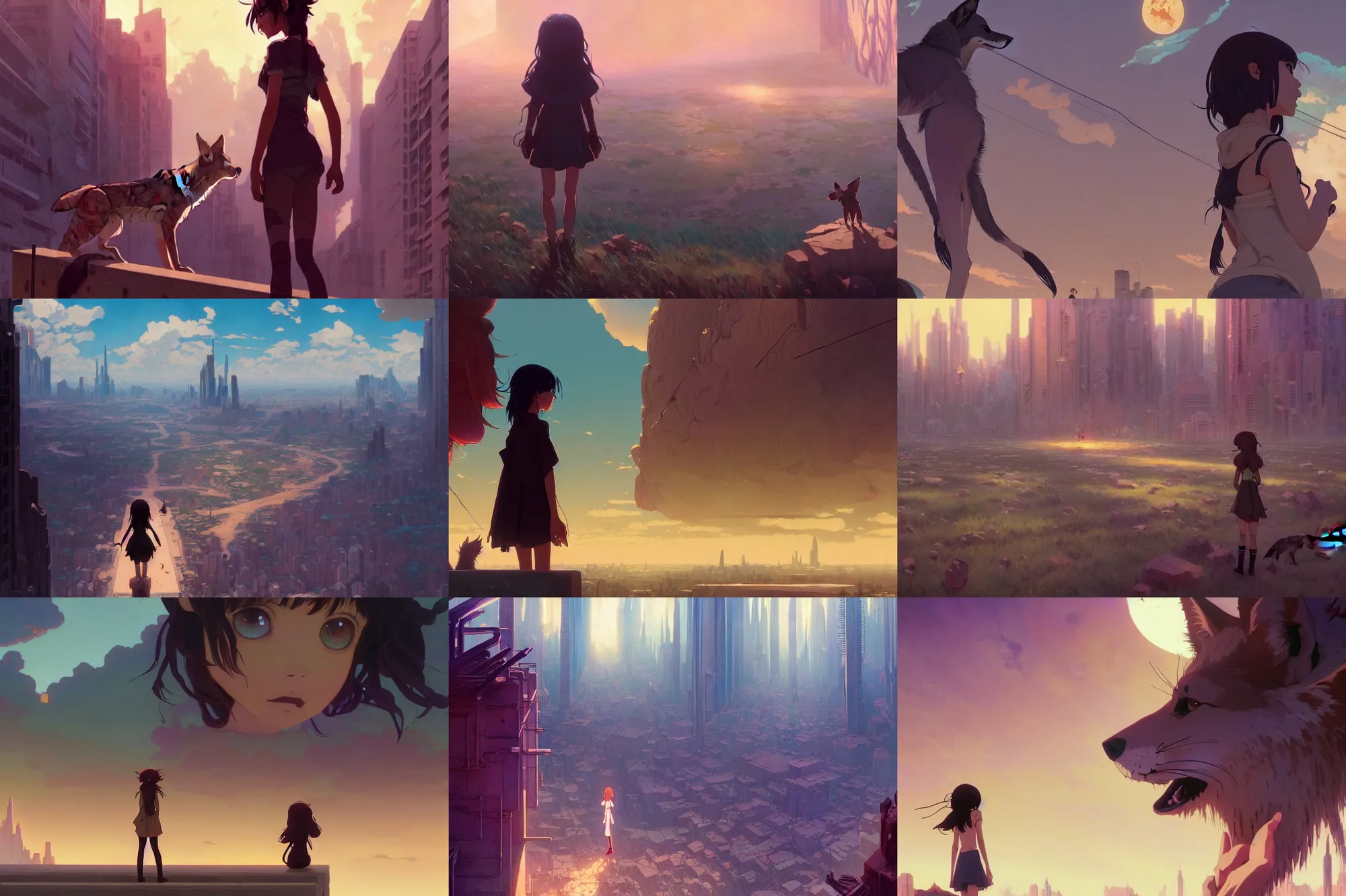 Prompt: a single coyote warns a single innocent black haired girl of quantum apocalyse. animation cinematic, anime, matte sharp painting, urban backyard view, pop surrealism, pop art, pedro correa, taras susak, krenz cushart, mucha, akihito yoshida, greg rutkowski, makoto shinkai