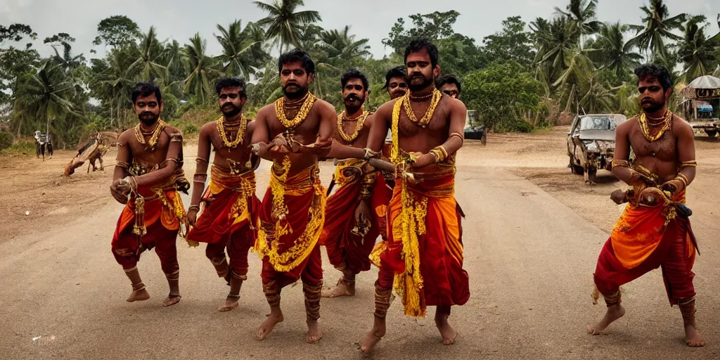 Prompt: sri lankan mad max style, sri lankan kandyan dancers, film still, epic shot cinematography, rule of thirds