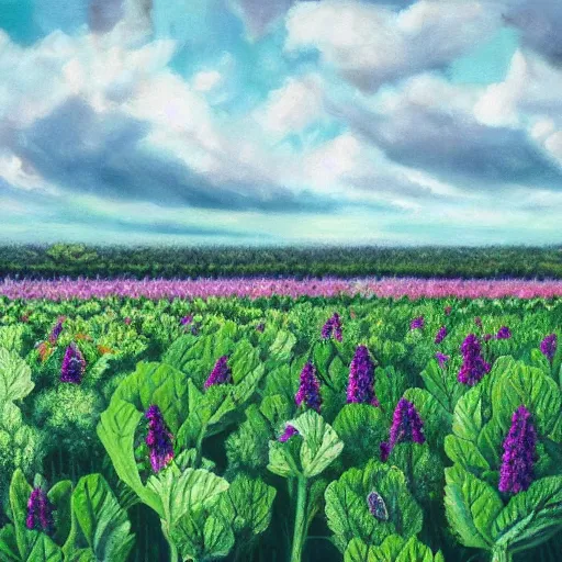 Prompt: ultra realistic painting of a cloudy sky over a field of alien plants, vegetables and flowers, 8 k