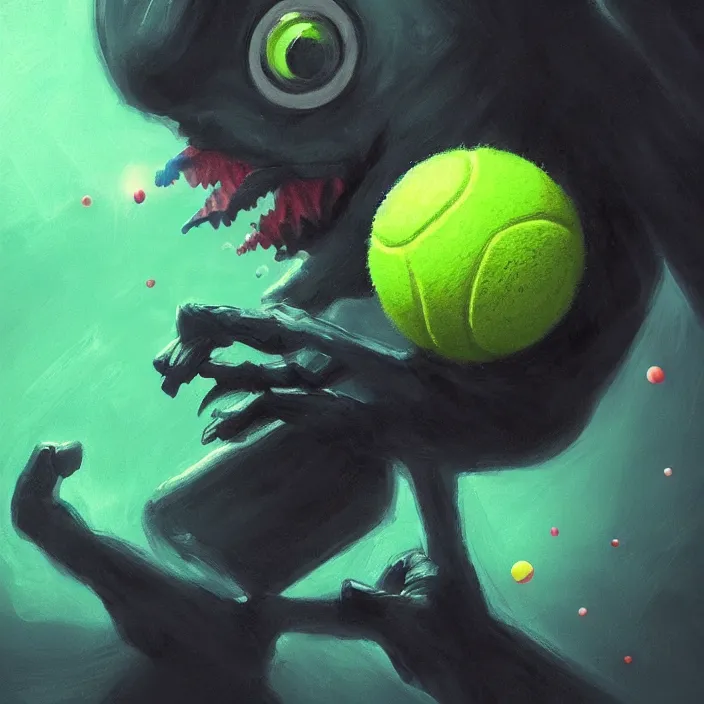 Image similar to cinematic portrait of a cute tennis ball monster in the abyss of space, chalk, masterpiece, trending on artstation, featured on pixiv, cinematic composition, dramatic pose, beautiful lighting, sharp details, hyper-detailed, HD, HDR, 4K, 8K, art by Basil Gogos