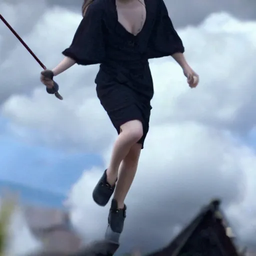 Image similar to Emma Watson sitting on a magic broomstick flying in the clouds, full body shot