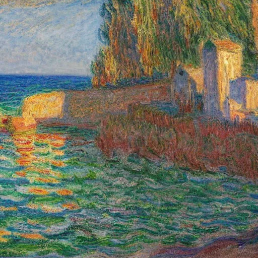 Image similar to oil paint impasto reliefs, italian beach scene, an artwork by charles w. bartlett and claude monet and colin campbell cooper