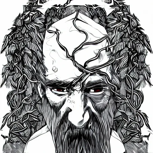 Prompt: middle aged bearded male druid gray face pointy ears with vines as hair artstation