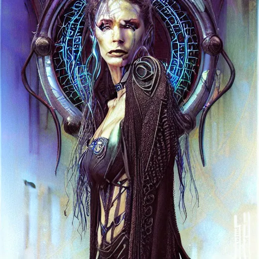 Image similar to a portrait of a resolved and smart female art nouveau cyberpunk shaman by john howe, ted nasmith and luis royo