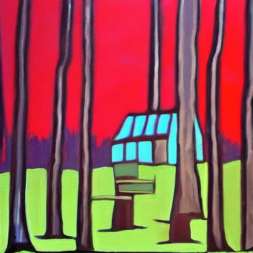 Image similar to a painting of a eerie cabin in the middle of the woods in the style of warhol