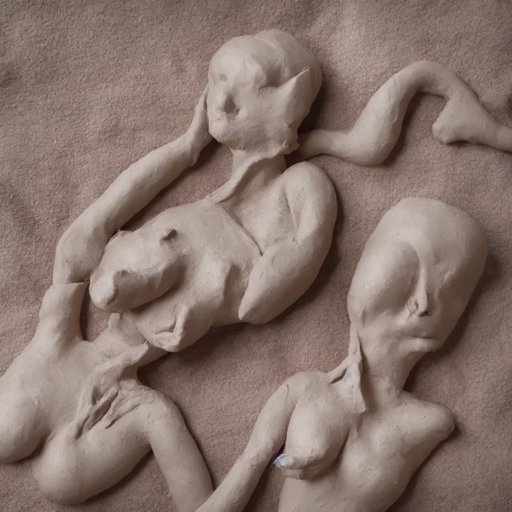 Prompt: woman made of clay on a bed