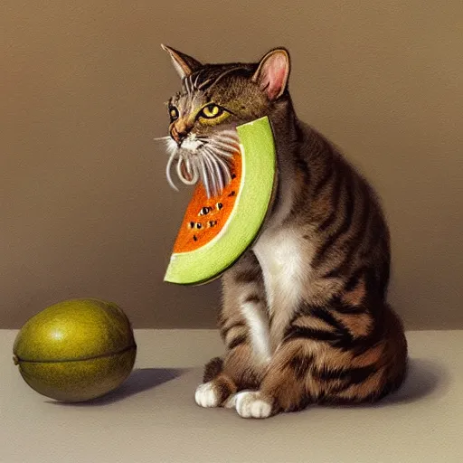 Image similar to very detailed masterpiece painting of a cat eating a melon, portrait, artstation, concept art by greg rutkowski