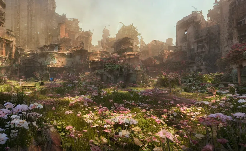 Prompt: a flower grows against the background of a ruined city, painting by Craig Mullins, octane rendering, soft morning lighting, wide angle lens, in the style of Hayao Miyazaki, trending on artstation,