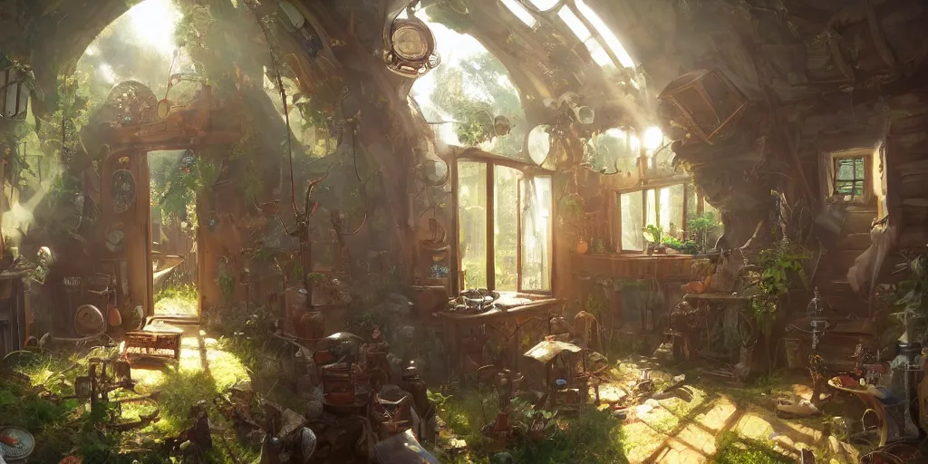 Image similar to interior of small house of an inventor, fantasy steamunk elements, barn, weird inventions, shining sun, river, magic, sunlight rays, with trees and plants around Darek Zabrocki, Karlkka, trending on Artstation, 8K