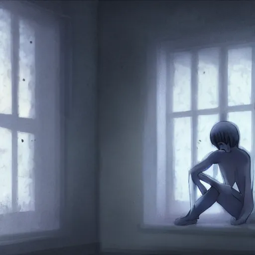 Prompt: creepy figure sits in a dark corridor only light by the moonlight from an open window, by makoto shinkai, highly detailed, artstation, high resolution, creepy