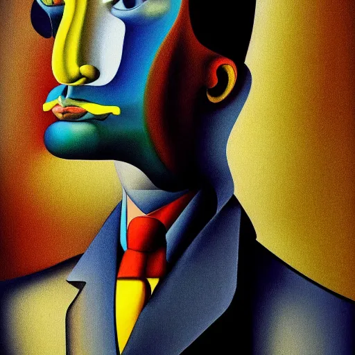 Prompt: ultra realistic portrait ofa man in suit in a studio, ultra detailed, under blue, red and yellow cinematic lighting, salvador dali, cartoon, monument valley, escher