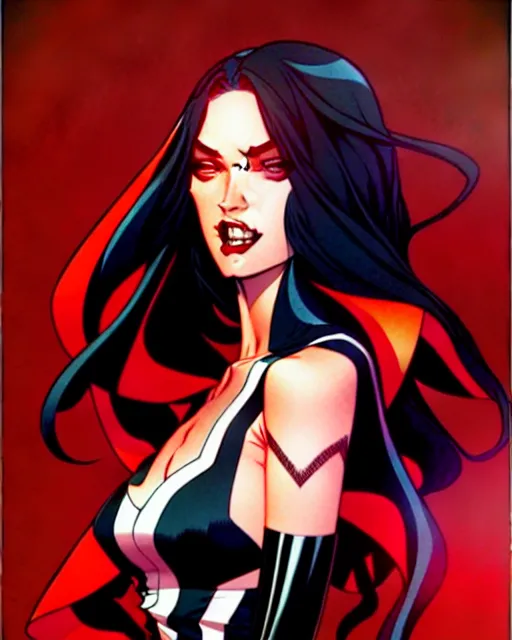 Image similar to artgerm, joshua middleton comic cover art, full body pretty megan fox vampire sharp teeth, red dress, symmetrical eyes, symmetrical face, long curly black hair, dark castle background background, cinematic lighting