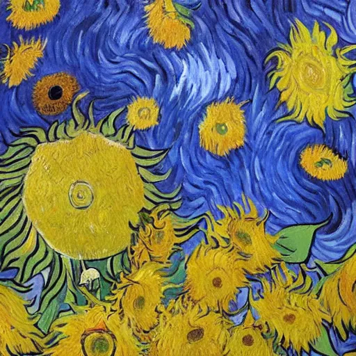 Prompt: van gogh sits in the dark room and painting his sunflowers art
