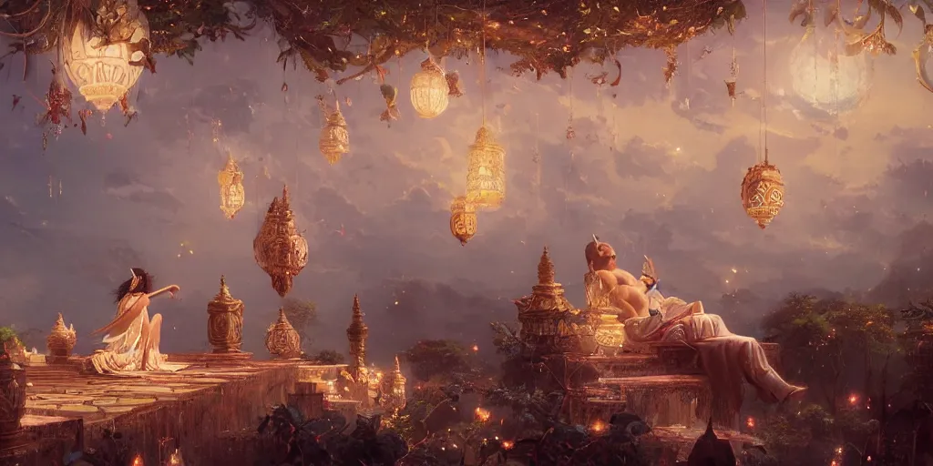 Image similar to painting of a god of wind enjoying his ornate heavenly palace, decorated with windchimes and paper lanterns, stunning nature in background, cinematic, 8 k, hyper detailed, art by greg rutkowski