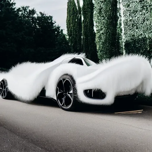 Prompt: a sports car covered entirely in long white fur from front to back