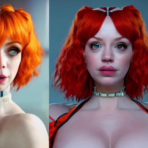 Image similar to a young Christina Hendricks dressed like lilu from the fifth element. Full frontal photography, bare, highly detailed, film still, looking at camera, symmetrical, Zeiss Lens, Octane Render, 8k resolution redshift