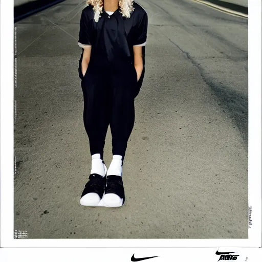 Image similar to realistic! photoshoot for a new nike lookbook, color film photography, portrait of a beautiful blonde!! woman, photo in style of tyler mitchell, 35mm