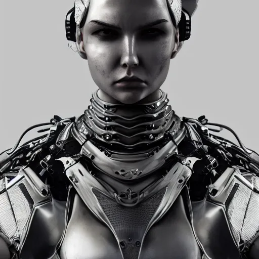 Prompt: portrait beautiful tall female cyborg, glamorous brilliant short white hair, wearing brutalist industrial military body armor, art by Joseph Cross, Trending on Artstation, digital art, highly detailed, intricate, sci-fi, sharp focus, Trending on Artstation HQ, deviantart, unreal engine 5, 4K UHD image