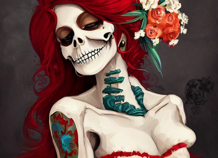 Image similar to cute & beautiful smug smiling mexican undead skeleton girl with red hair dressed as a bride, elegant, digital art, fantasy, pixar style, painting, pin up, highly detailed, artstation, art by artgerm, vrubel, boris vallejo and ilya kuvshinov