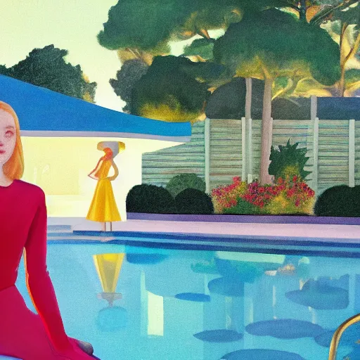 Image similar to Elle Fanning, next to a pool, golden hour, in a garden, artstation, in the style of Art Deco and Edward Hopper