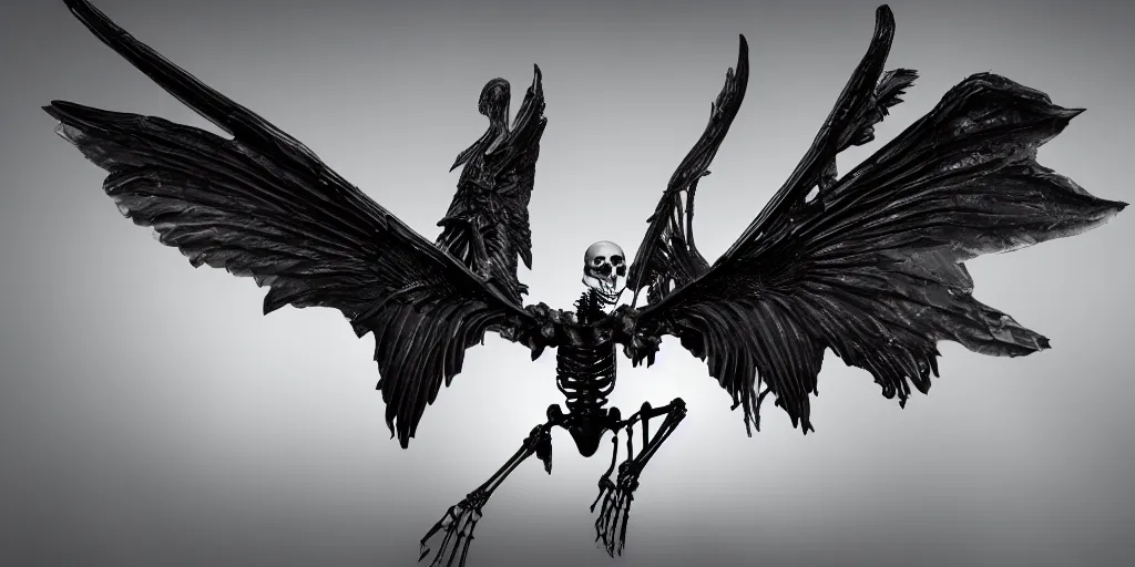 Prompt: mysterious fantasy winged creature skeleton, studio photography, 4 k, dark black background, harsh lighting