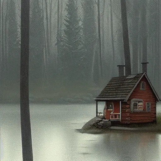 Image similar to “ swedish cabin in the forest next to the lake by simon stalenhag, misty morning, cinematic ”