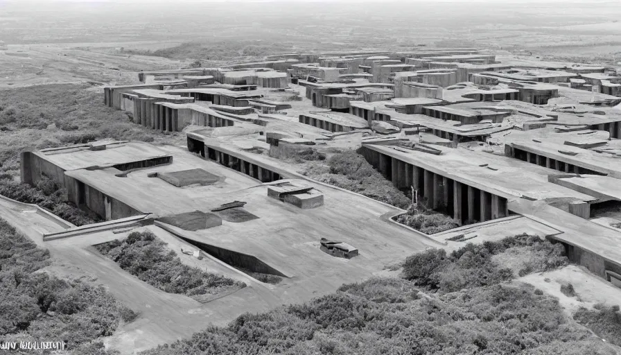 Image similar to big brutalist military base on clliffs, drawing architecture, very long shot, top angle, pritzker architecture prize, science fiction