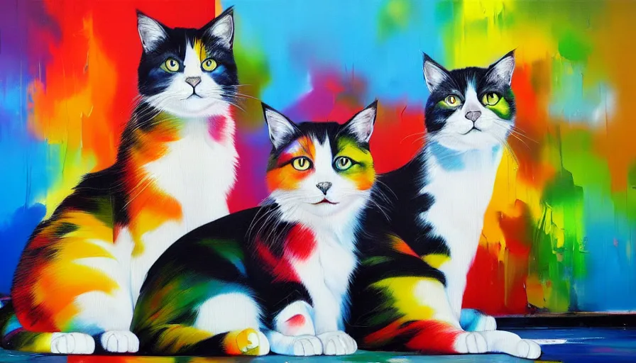 Prompt: contemporary semi abstract acrylic painting of really tall sitting calico cats by makoto shinkai, by eduardo kobra, kessler art, thick brush strokes and visible paint layers, multicolor color scheme