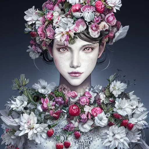 Image similar to the portrait of an absurdly beautiful, graceful, elegant, sophisticated, fashionable young woman made of strawberries and white petals looking down, an ultrafine hyperdetailed illustration by kim jung gi, irakli nadar, intricate linework, bright colors, octopath traveler, final fantasy, unreal engine 5 highly rendered, global illumination, radiant light, detailed and intricate environment