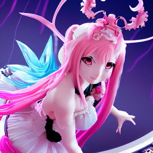 Image similar to stunningly beautiful omnipotent megalomaniacal anime goddess who looks like junko enoshima with symmetrical perfect face and porcelain skin, pink twintail hair and mesmerizing cyan eyes, looking down upon the viewer and taking control while smiling in a mischievous way, mid view from below her feet, hyperdetailed, unreal engine 5, octane render, 8 k