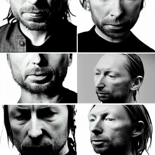 Image similar to versions of variations, hyper realistic, many variations of thom yorke, face variations, various emotions, various poses, high quality, intricate details, beautiful lighting