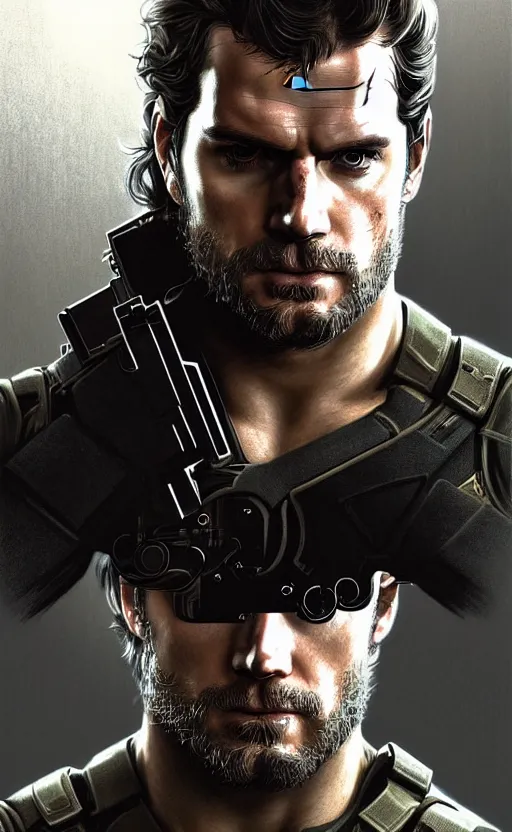 Image similar to portrait of henry cavill as solid snake, eye patch, metal gear solid, upper body,, henry cavill!!!, fantasy, intricate, elegant, highly detailed, digital painting, artstation, concept art, smooth, sharp focus, illustration, art by artgerm and greg rutkowski and alphonse mucha