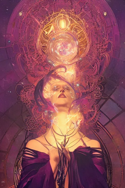 Prompt: she dreams of arcs of purple flame intertwined with glowing sparks, glinting particles of ice, dramatic lighting, steampunk, bright neon, secret holographic cyphers, red flowers, solar flares, high contrast, smooth, sharp focus, art nouveau, art by greg rutkowski and Alphonse Mucha