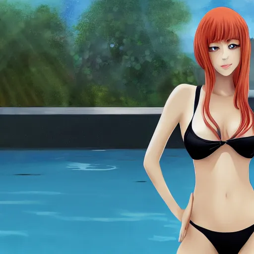 Prompt: a girl wearing a business swimsuit, she is near a swimming pool, anime art, digital painting, smooth, hd, elegant