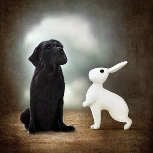 Image similar to A beautiful conceptual art of a large black dog with teeth bared, looming over a small white rabbit. The rabbit looks terrified, and the dog seems ready to attack. felt pieces by Jeannette Guichard-Bunel manmade