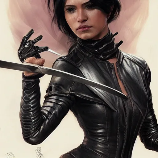 Image similar to an action photo of a black haired woman in a black leather jacket in a swordfight, muscular upper body, abs, d & d, fantasy, intricate, elegant, highly detailed, digital painting, artstation, concept art, smooth, sharp focus, illustration, art by artgerm and greg rutkowski and alphonse mucha