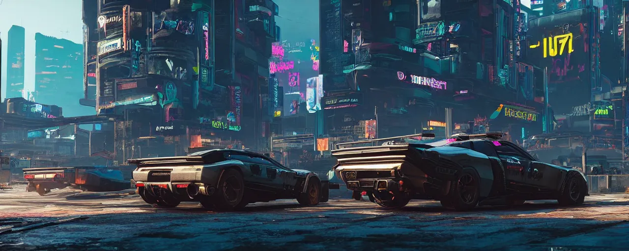 Image similar to Cyberpunk 2077 car Quadra Turbo-R V-Tech, driving down dusty city dystopian, long distance shot , by Mead, Syd