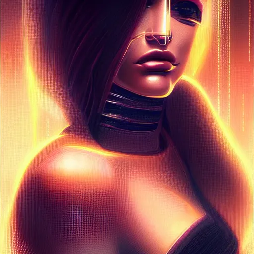 Image similar to portrait of a cyberpunk art deco kylie jenner with a grid of light falling on her face, sci-fi, intricate lighting, elegant noir, highly detailed, digital painting, studio portrait, artstation, smooth, sharp focus, illustration, art by artgerm and greg rutkowski and Charlie Bowater