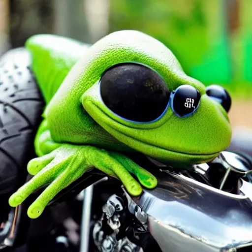 Image similar to slimy kermit the frog leaning against a motorcycle. gq magazine wide angle photograph.