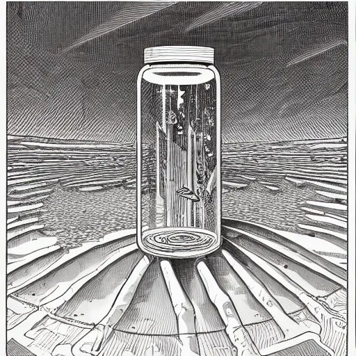 Image similar to a whole civilisation developed inside a jar. Highky detailed illustration Moebius