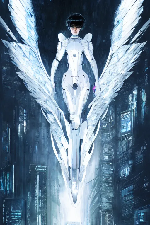 Prompt: white arc-angel with mystic robotic wings, blade runner, akira, ghost in the shell, 2077, ultra detailed, digital art, 8k ,character ,realistic, portrait, hyperrealistic