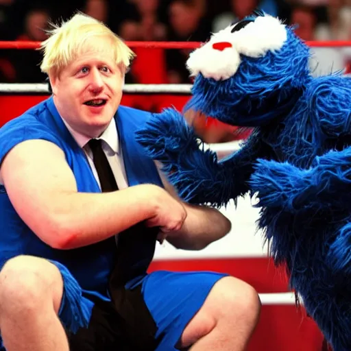 Image similar to Boris Johnson wrestling cookie monster in a wwe match