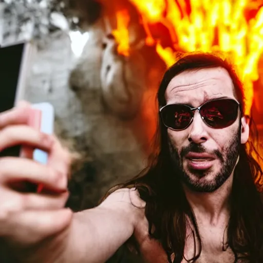 Prompt: Satan takes a selfie in hell