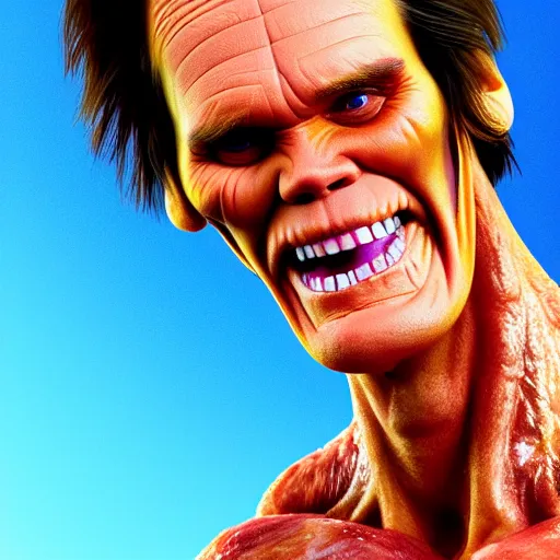 Image similar to jim carrey is fused into a meat stick, hyperdetailed, artstation, cgsociety, 8 k