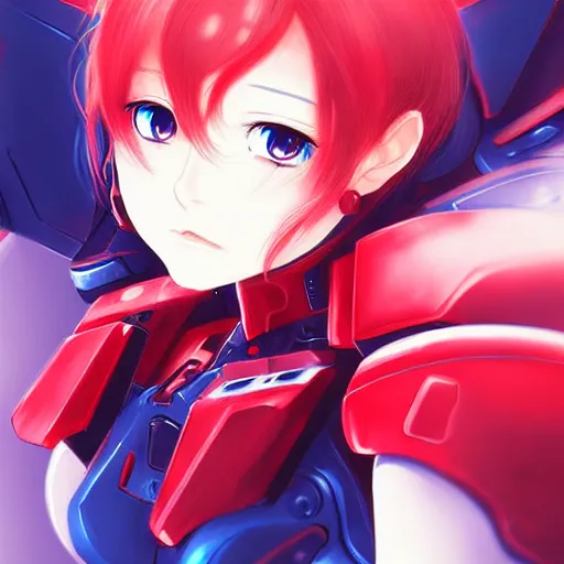 Prompt: digital anime art, cute mech girl wearing a red mech suit. blue eyes. wlop, rossdraws, sakimimichan