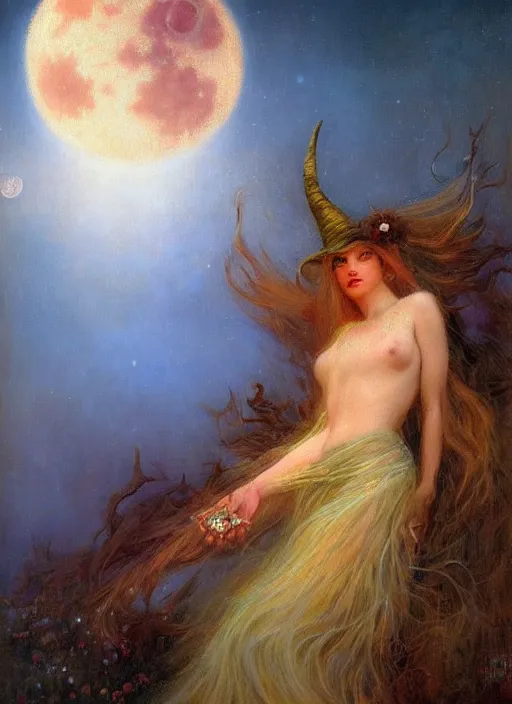 Image similar to surrealism, abstract, witch, portrait, close - up, make up, full big moon, painting by gaston bussiere and albuquerque, soft light