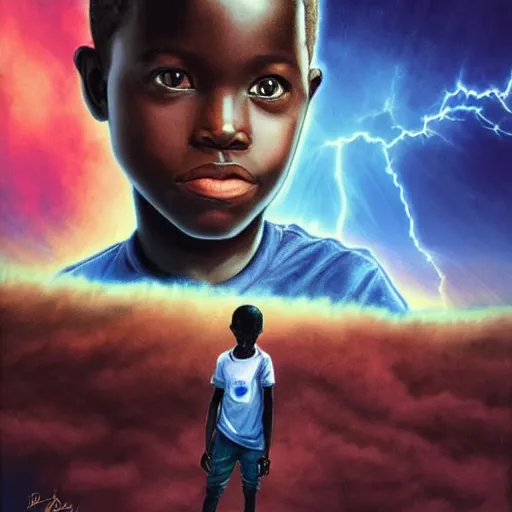 Image similar to upper half portrait of an african boy inside a group of clouds, mecha robots behind - surrounded by bolts of lightning with rays of light emanating from clouds - in drew struzan movie poster style, art by drew struzan, highly detailed, digital painting, ray tracing, illustration, smooth, sharp focus, intricate, symmetry, artstation,