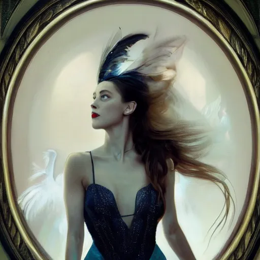 Image similar to hyperrealistic portrait of a woman as amber heard performing noir singing dance in a white swan dress wearing sapphire jewellery feather collar by jeremy mann and alphonse mucha, fantasy art, photo realistic, dynamic lighting, artstation, poster, volumetric lighting, very detailed faces, 4 k, award winning