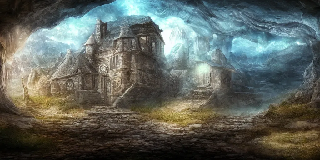 Prompt: Caelum sky subterranean horizon mystery, intricate drawing, oratio pro aris et focis, realistic fantasy, establishing shot, 8k resolution, dramatic lighting